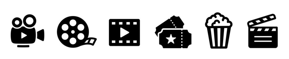 Cinema icons set. Collection icon: Popcorn box, movie, clapper board, film, movie, tv, video and other. Flat style - stock vector. - obrazy, fototapety, plakaty