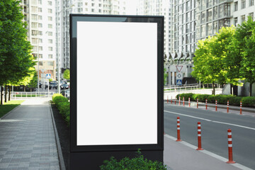 Blank advertising board on city street. Mockup for design - obrazy, fototapety, plakaty