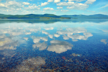 Panorama of Lake Turgoyak, in the Southern Urals in the Chelyabinsk region near the city of Miass, with clean drinking water.