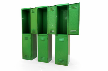 metal gym lockers with one open door. 3d rendering illustration isolated on white background