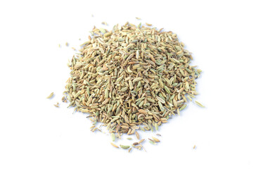 Pile of fennel seeds isolated on white background