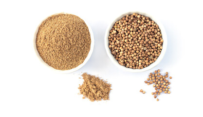 Bowls of coriander seeds and coriander powder top view isolated on white background