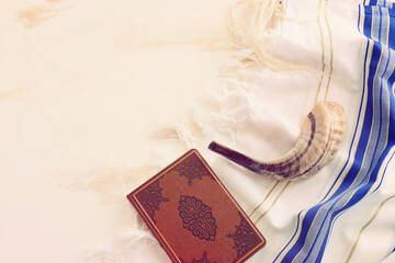 religion image of shofar (horn) on white prayer talit. Rosh hashanah (jewish New Year holiday),...