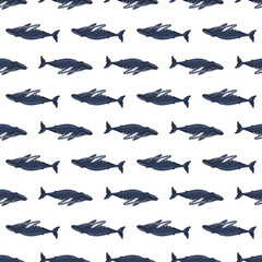 Seamless pattern Humpback whale on white background. Template of cartoon character of ocean for children.