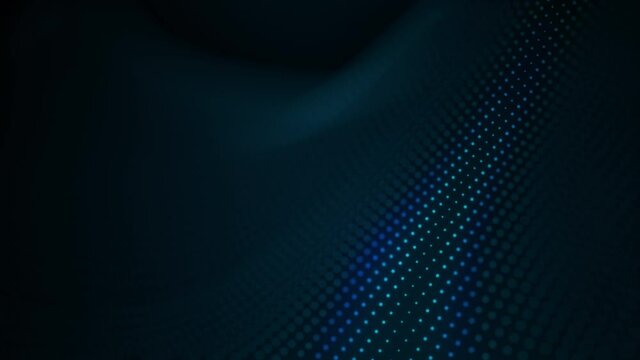 Abstract 3D render technology digital art glow blue dots wave dark background. 4K seamless loop motion waving dots texture with glowing particles. Science, Business, Technology background concept.