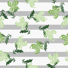 Natural seamless pattern with green abstract chrysanthemum flowers print. Striped background.