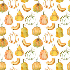 Watercolor pattern of orange pumpkins. Thanksgiving background of pumpkin harvest. Autumn illustration.