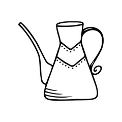 Hand drawn watering can for caring for flowers and garden plants isolated on a white background. Doodle, simple outline illustration. It can be used for decoration of textile, paper.