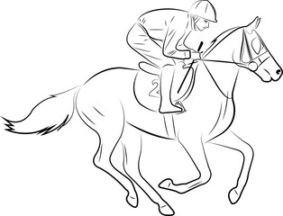 jockey riding horse line art illustration - vector