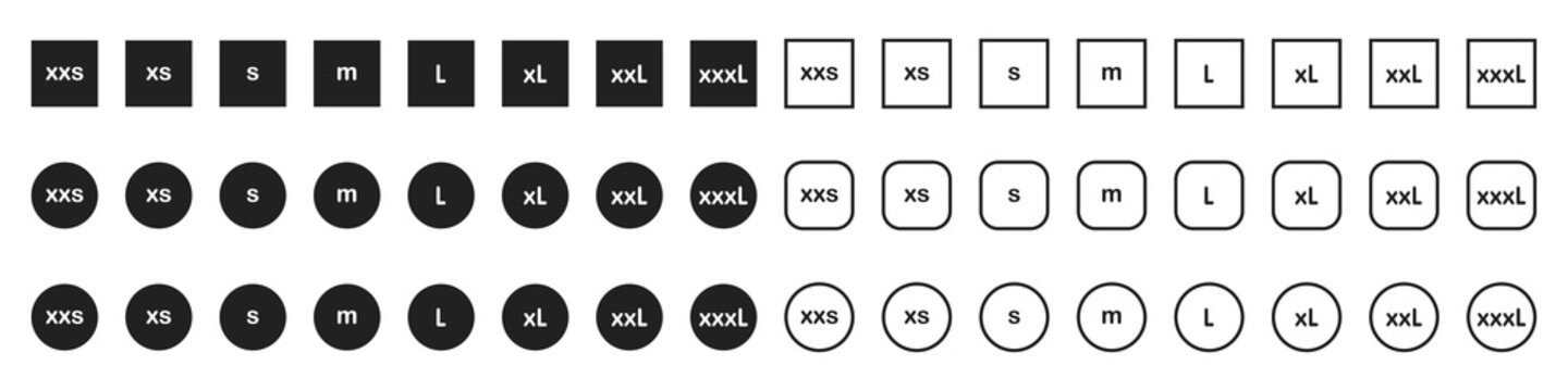 Clothing sizes icons set from small to large isolated on white background. Vector illustration