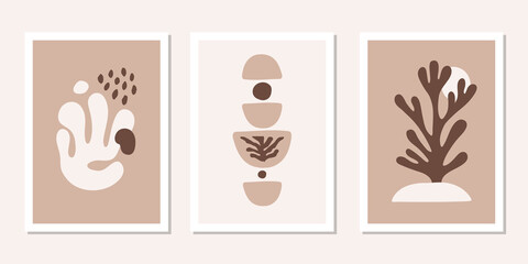 Modern set posters with abstract brown organic shapes. Contemporary minimal wall art decor. Matisse vector prints	
