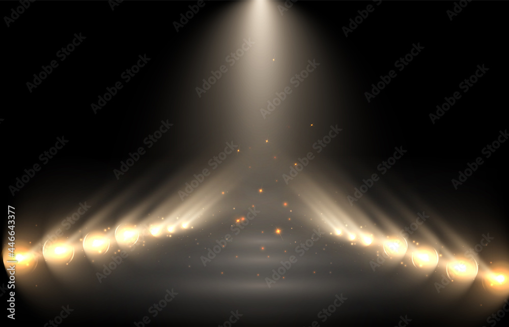 Aufkleber spotlights background with smoke and sparkles on a black background.