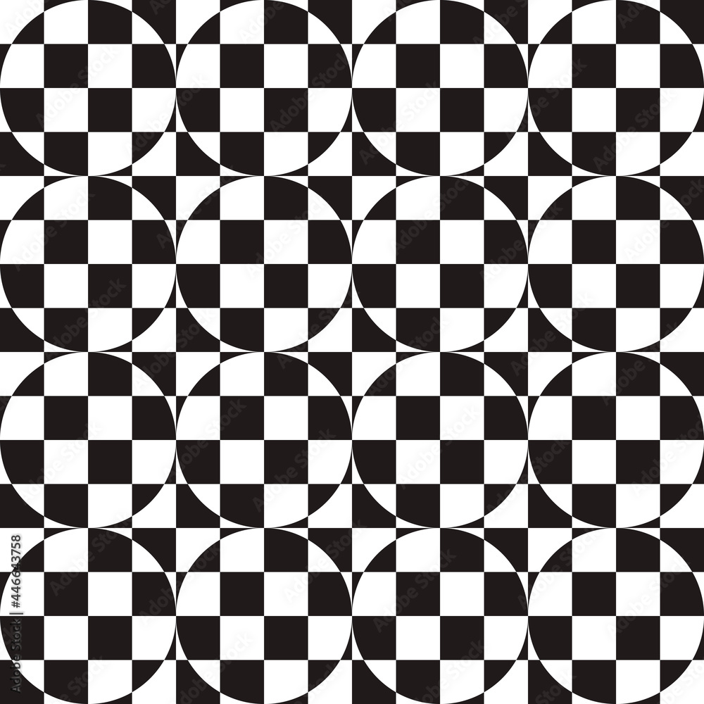 Poster Checker board and mirror circles. Vector checker ornament and reverse pattern in reflection circles.