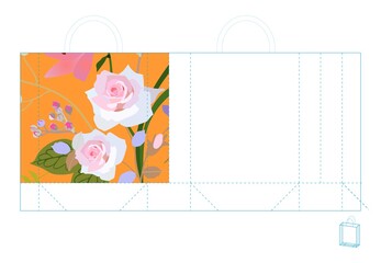 Vector template for shopping bag with bouquet of flowers.