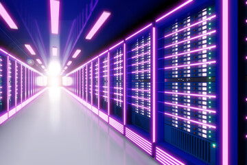 Server computer room with light flare in the pink-purple color theme. 3D illusration rendering.