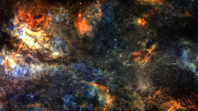 Cinematic space travel scene of the cygnus constellation central part of the milky way galaxy with stars and space dust in the universe. Space exploration scene for scientific films background.