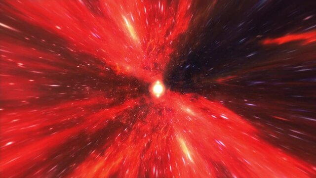 Abstract colorful red hyperspace worm hole tunnel through space time vortex loop background. 4K 3D render Sci-Fi interstellar travel through wormhole in cyberspace. Science technology intro. VJ loop.