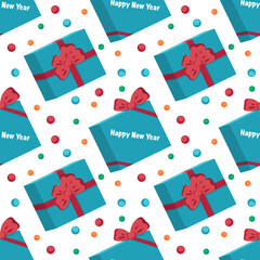 Seamless pattern with blue boxes of gifts and the inscription Happy New Year. Festive print for Christmas and winter holidays, textiles, wrapping paper and designer decorations