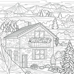 House in the mountains.Coloring book antistress for children and adults.Zen-tangle style. Black and white drawing.Hand drawn