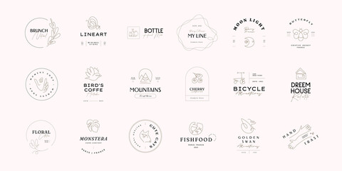 One Line abstract logo template set. Hand drawn minimalism style vector illustration.