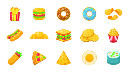 Set Abstract Collection Flat Cartoon  Different Color Fast Food Concept Vector Design Style Elements With Shadows Taste Delicious Pizza Cheese Hamburger Donut Burrito Omelette Croissant Sandwich