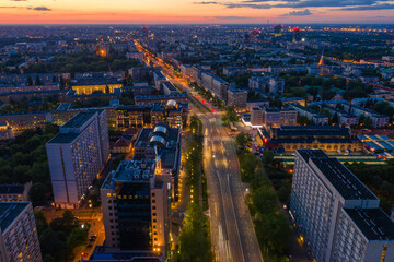 Obraz premium Aerial view of Jana Pawla II street at dusk, Warsaw, Poland