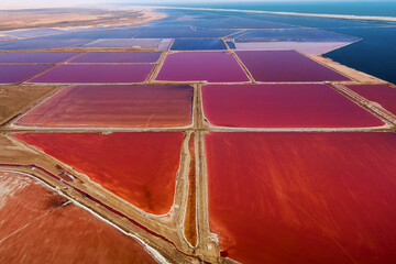 Aerial view of Walvis Bay salt flats in Namibia, southwest Africa.