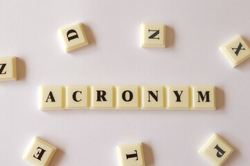 Scrabble letters with text ACRONYM isolated on white background