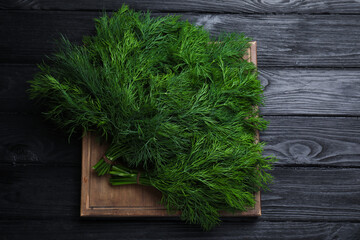 Bunches of fresh dill on black wooden table, top view