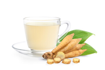 Finger root herbal beverage with fresh rhizome isolated on white background.