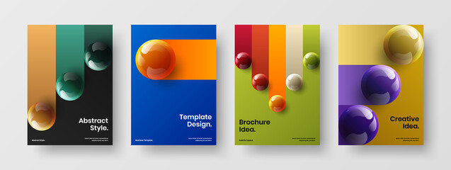 Abstract handbill vector design concept bundle. Minimalistic realistic spheres leaflet layout set.