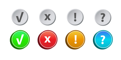 Vector check mark exclamation mark, question mark icons set. Flat icons for web and mobile applications. Circle flat design with shadows. eps 10