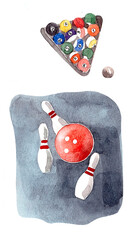 Hand-drawn watercolor set of billiards and bowling on a white background.
