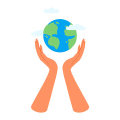 Save planet earth. Hands reach out to the planet with care. Caring for the environment, ecology. Vector illustration isolated on white background