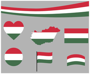 Hungary Flag Map Ribbon And Heart Icons Vector Illustration Abstract Design Elements collection