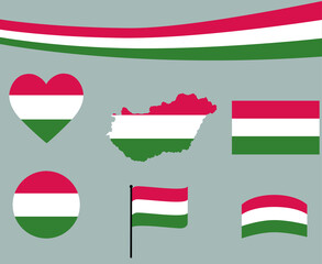 Hungary Flag Map Ribbon And Heart Icons Vector Illustration Abstract Design Elements collection