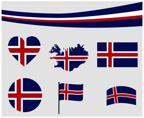 Iceland Flag Map Ribbon And Heart Icons Vector Illustration Abstract Design Elements collection