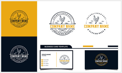 hand drawn Chicken / rooster vintage logo with business card template © Menangang