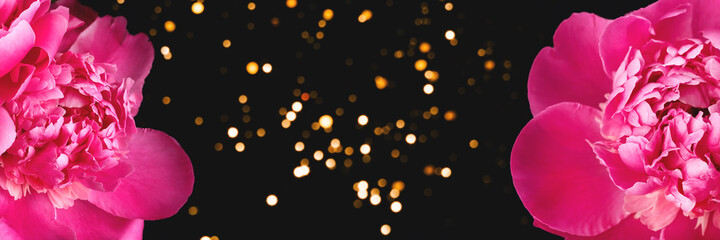 Pink peony closeup on black background with blurred lights bokeh. Floral wide panoramic banner design with copy space