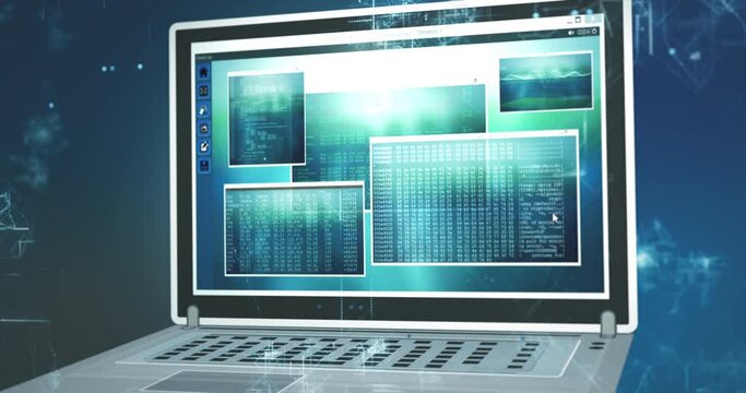Laptop screen with hack code binary numbers and formulas. Cyber ​​crime, hackers, networks, digital world