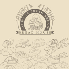 A set of bread in the basket. A loaf, a baguette and fresh pastries in the basket. The concept of a bakery in a retro style