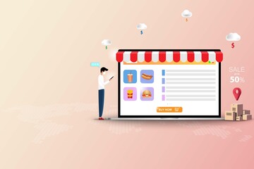 Concept of online fast food delivery service, young man standing near tablet to order fast food (sparkling water, hotdog, hamburger and french fries) in pastel color background.