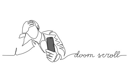 Doom scroll, doomscrolling vector illustration. One line drawing art illustration with lettering doom scroll - obrazy, fototapety, plakaty