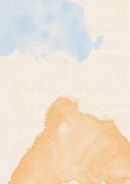 Hand drawing watercolor abstract background. Orange and blue splash on beige backdrop. Use for poster, card, print, postcard, illustration, invitation, template, banner
