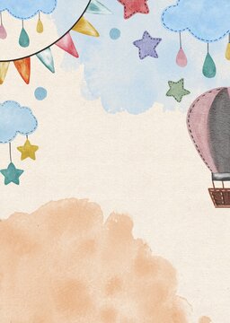 Hand drawing cute watercolor painting with children drawing balloon, stars, clouds, flags. Use for poster, print, card, baby shower, banner, scrapbooking, invitation, template, background