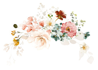 Set watercolor arrangements with garden roses. collection pink, yellow flowers, leaves, branches. Botanic illustration isolated on white background.