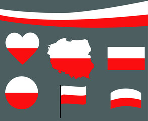 Poland Flag Map Ribbon And Heart Icons Vector Illustration Abstract Design Elements collection