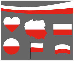 Poland Flag Map Ribbon And Heart Icons Vector Illustration Abstract Design Elements collection