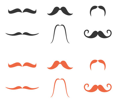 Moustach black and orange color flat icon set. Collection of mustaches on white background