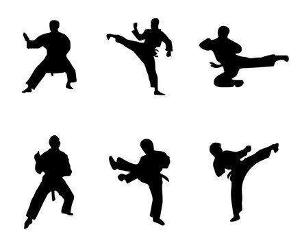Karate poses silhouettes in black color on white background.